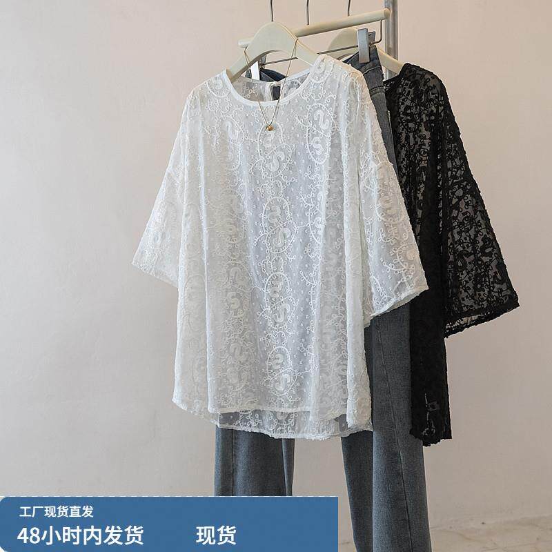 巨好看薄款微透蕾丝短袖T恤女夏季大码胖MM宽松外搭小衫罩衫上衣