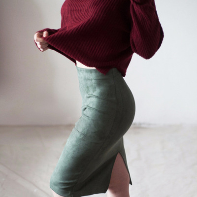 women Pure color split suede skirts high skrits 高腰女半身裙
