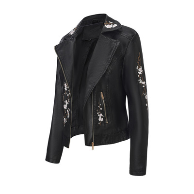 women's Embroidered leather jacket diagonal zipper jacket