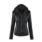 Women Leather Hood Jacket zipper coat clothing 女皮衣夹克
