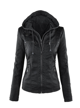 Jacket Women Hood zipper coat Leather clothing 女皮衣夹克