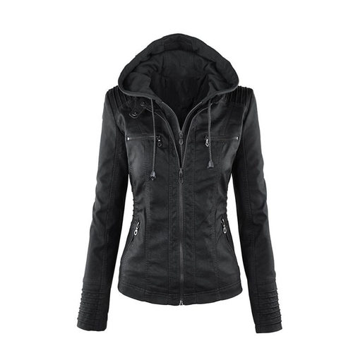 Jacket Women Hood zipper coat Leather clothing 女皮衣夹克