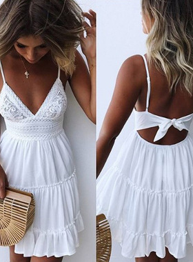 women white summer Leisure lace beach sexy mini dress ladys