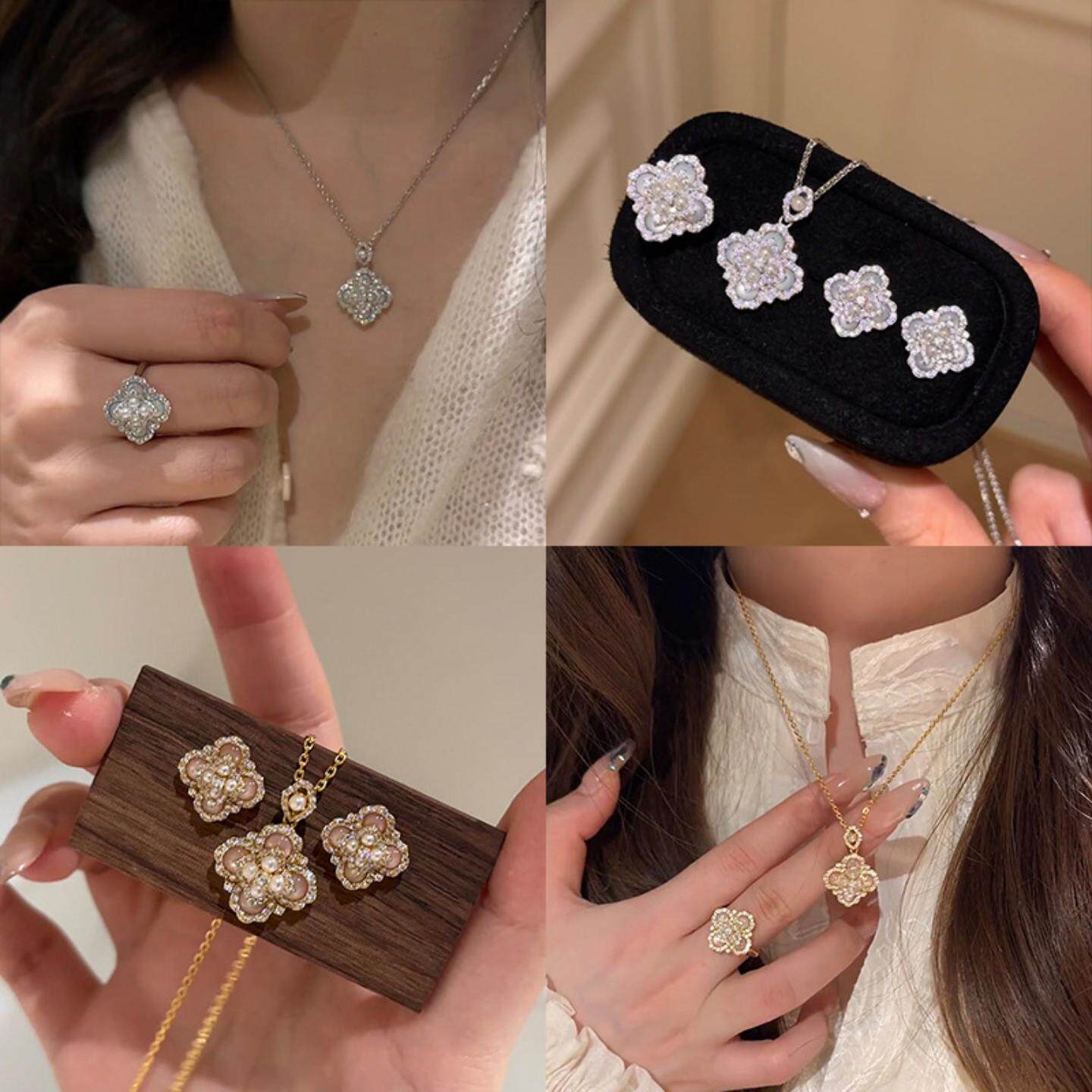 轻奢百搭珍珠花朵项链耳钉戒指女