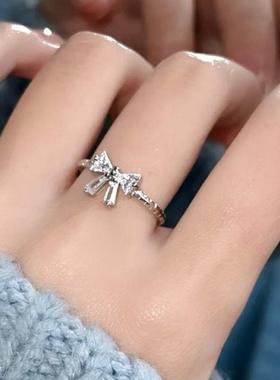 银贝925 纯银小众设计感简约锆石蝴蝶戒指女甜美开口戒指时尚指环