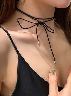 欧美性感系带黑色丝绒蝴蝶结项圈女辣妹choker锁骨链脖子绑带颈链