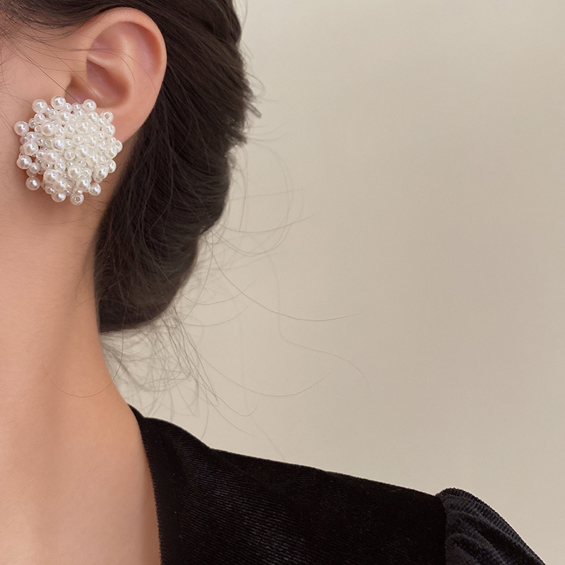 沉溺花园 精致珍珠编制花朵耳环 法式时尚感小众超仙夸张气质耳钉
