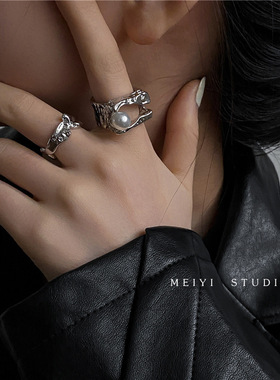 金属戒指两件套装女2024年新款潮不规则开口食指小众韩版街头指环