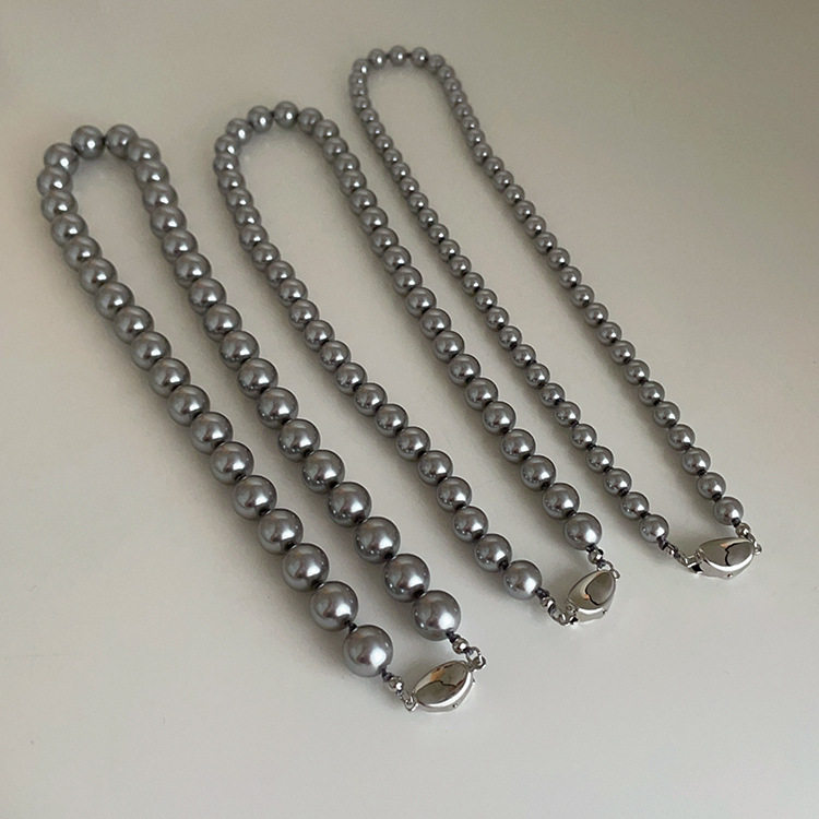 高级感灰色珍珠元宝扣项链女韩国小众复古个性简约时尚颈链锁骨链