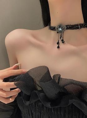 新款轻奢时尚感黑色水晶复古项链夸张设计感颈链choker项圈锁骨链