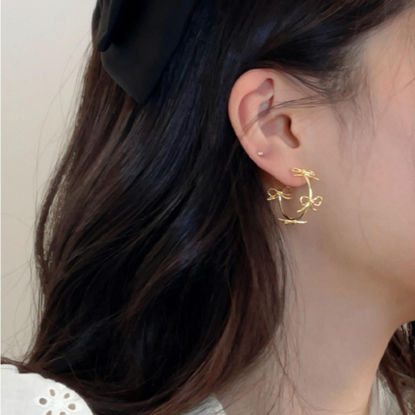 金属缕空蝴蝶结耳钉女小众设计感