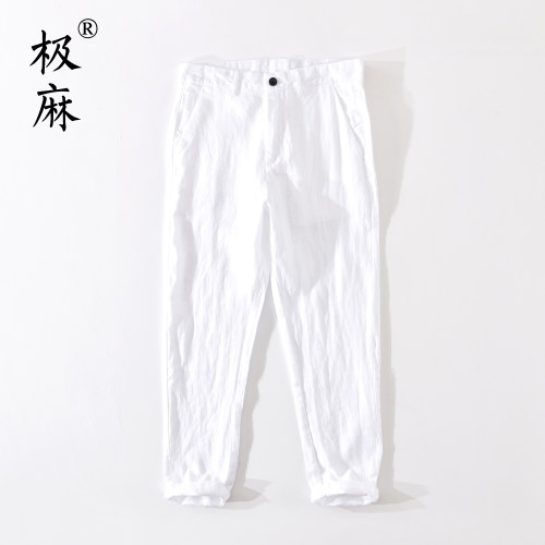 清新基础舒适直筒亚麻休闲裤