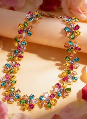 彩色镶钻花朵项链女小众轻奢百搭锁骨链甜酷气质2026春季新款颈饰