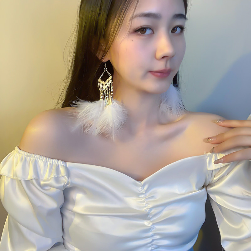 甜美气质长款多流苏秋冬新款水晶镶嵌镀金羽毛耳环简约大气百搭潮