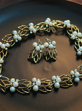 珍珠叶子花朵项链耳环套装新娘婚纱配饰森系复古镂空气质颈链女
