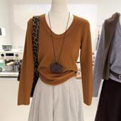 内搭女 显瘦弹力针织打底衫 秋冬款 韩系百搭高级小众U领大领口修身