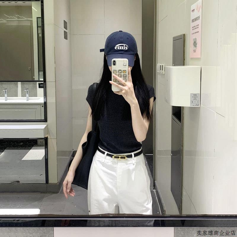 纯欲辣妹正肩圆领短袖T恤女法式气质小众设计感修身显瘦针织上衣
