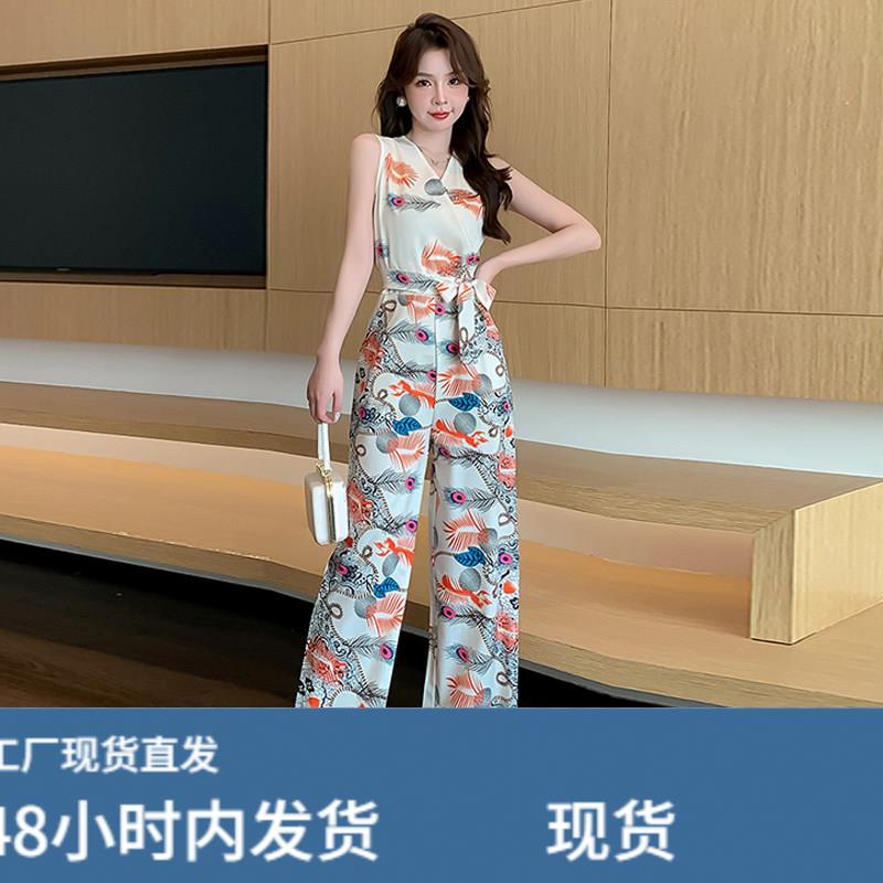 时尚收腰带显瘦雪纺印花无袖V领连体衣阔腿长裤子夏季新款女高腰