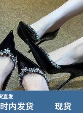 黑色水钻高跟鞋女细跟尖头高级感秋冬法式新娘婚纱鞋气质名媛单鞋