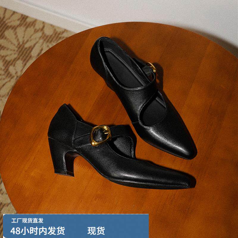 梨小七~一字带高跟鞋女简约显瘦气质玛丽珍鞋女覆古尖头真皮单鞋