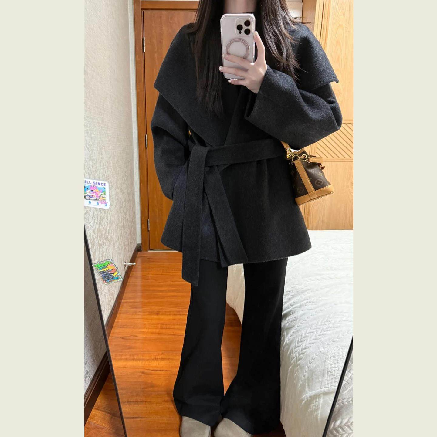 极简风深黑灰翻领毛呢外套女小个子气质中长款系带显瘦呢子大衣,运动/瑜伽/健身/球迷用品,广场舞套装,淘宝优惠券,粉丝福利购,淘宝优惠卷