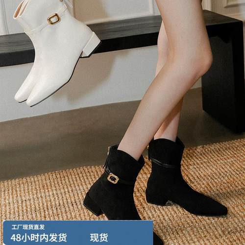 梨小七~法式气质英伦风皮带扣低跟瘦瘦靴后拉炼百搭尖头弹力短靴