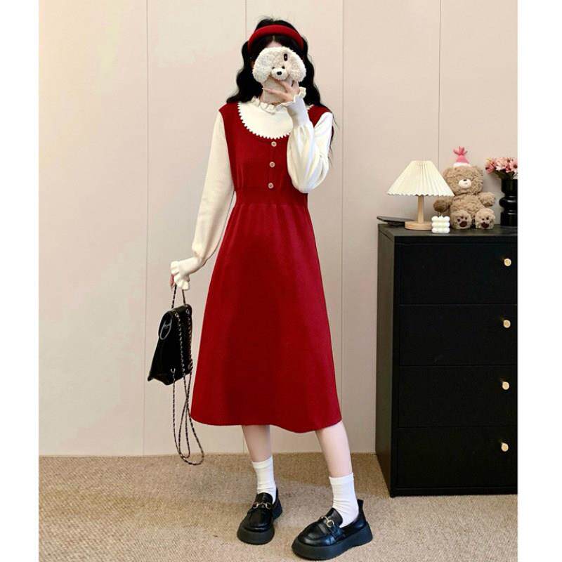 红色假两件针织连衣裙2025新款冬装大码胖mm收腰显瘦圣诞穿搭裙子