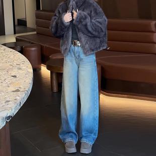 今年流行的爆款裤子女2025新款冬加绒加厚水洗蓝小个子阔腿牛仔裤