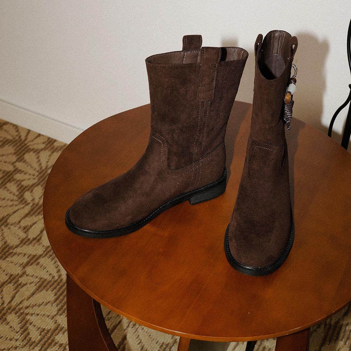 梨小七~西部靴女覆古绒面流苏显瘦骑士靴女简约低跟沙漠中筒靴子