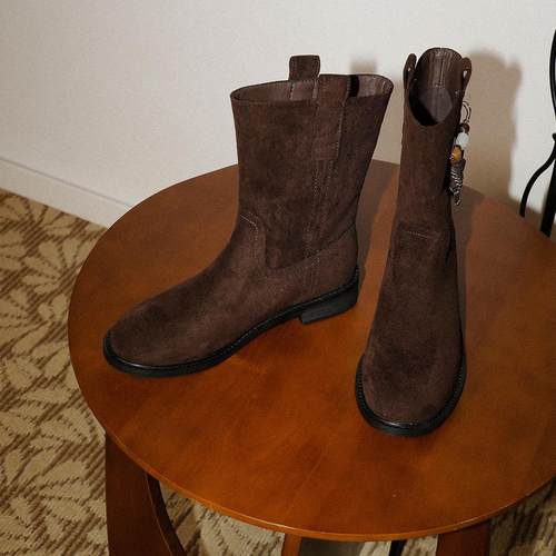 梨小七~西部靴女覆古绒面流苏显瘦骑士靴女简约低跟沙漠中筒靴子