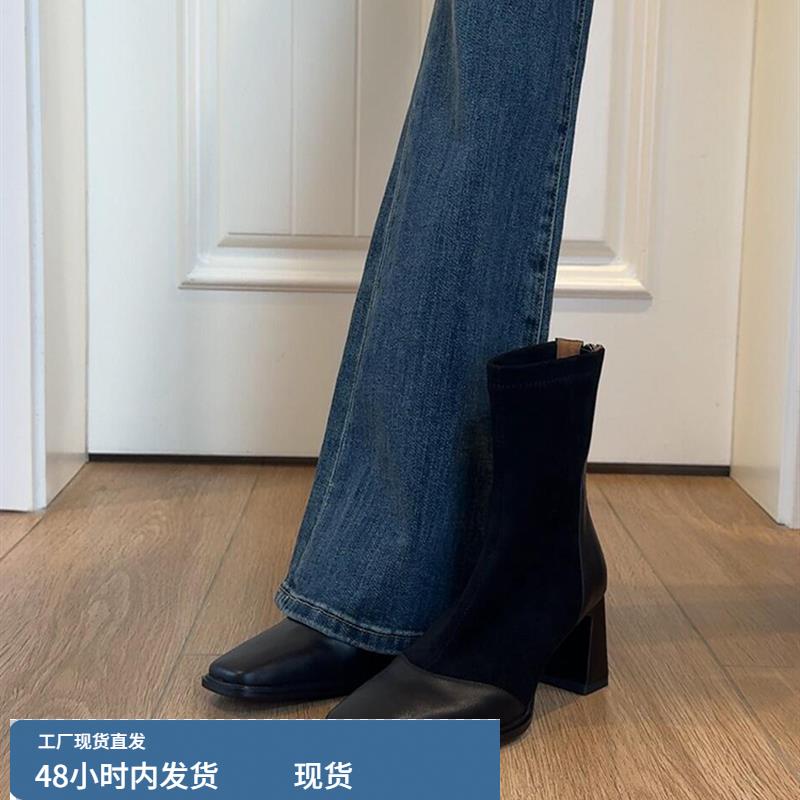 牛皮版~row风百搭拼接显瘦后拉炼小短靴女粗跟方头休闲弹力瘦瘦靴