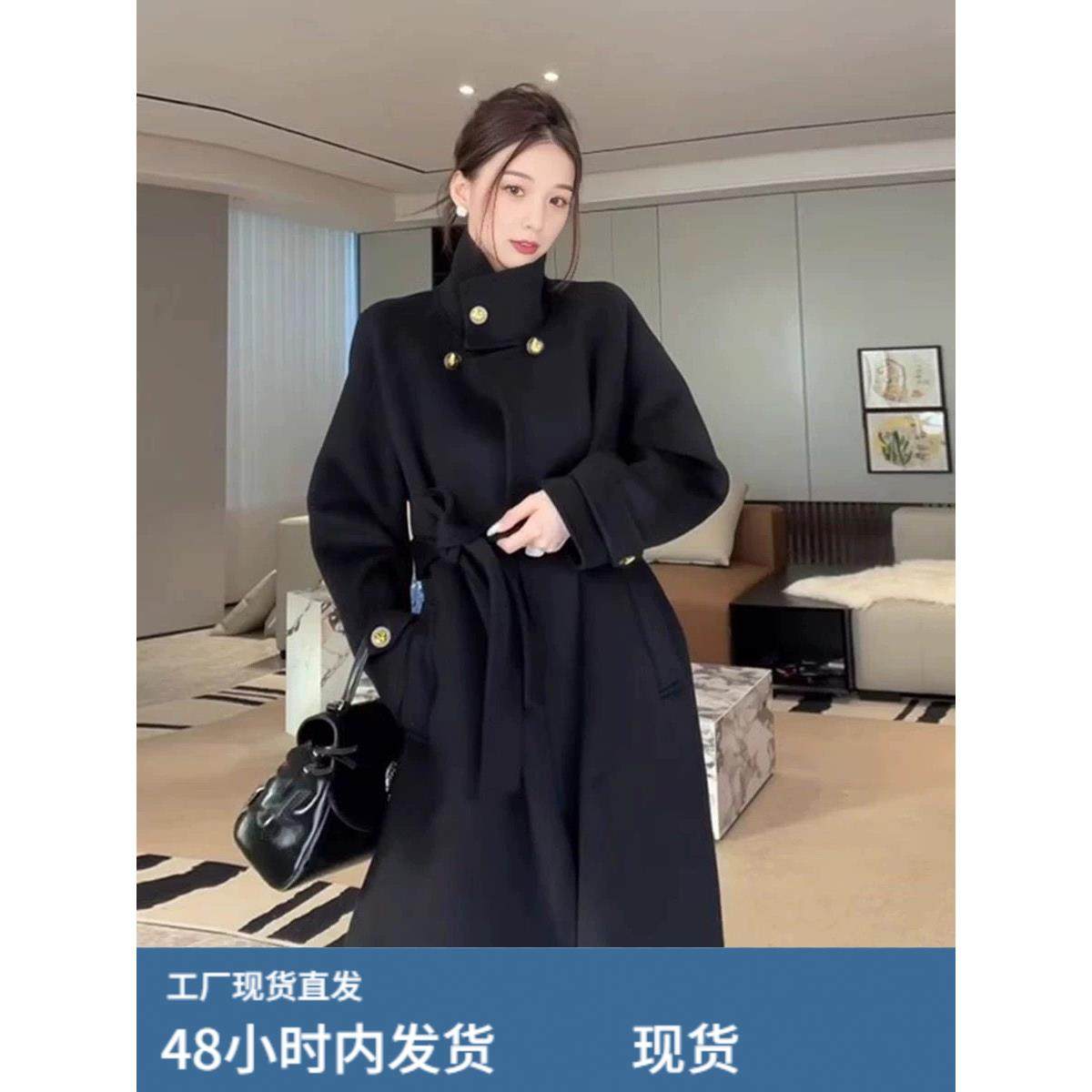 高级感大牌黑色毛呢外套女赫本风系带收腰中长款大衣极简风,运动/瑜伽/健身/球迷用品,广场舞套装,淘宝优惠券,粉丝福利购,淘宝优惠卷