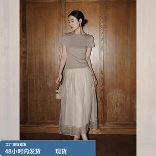 2025超火夏装一整套韩系时尚穿搭奶咖色短袖t恤雪纺半身裙套装女