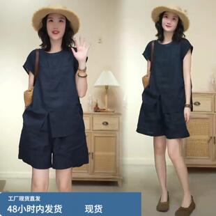 夏天宽松慵懒风休闲檰蔴短袖短裤两件套女韩版新款透气时尚套装潮