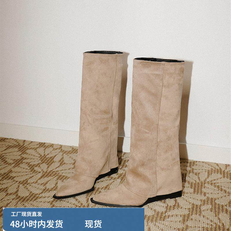 梨小七~坡跟时尚磨砂皮裤管靴覆古宽筒显瘦尖头气质简约骑士靴子