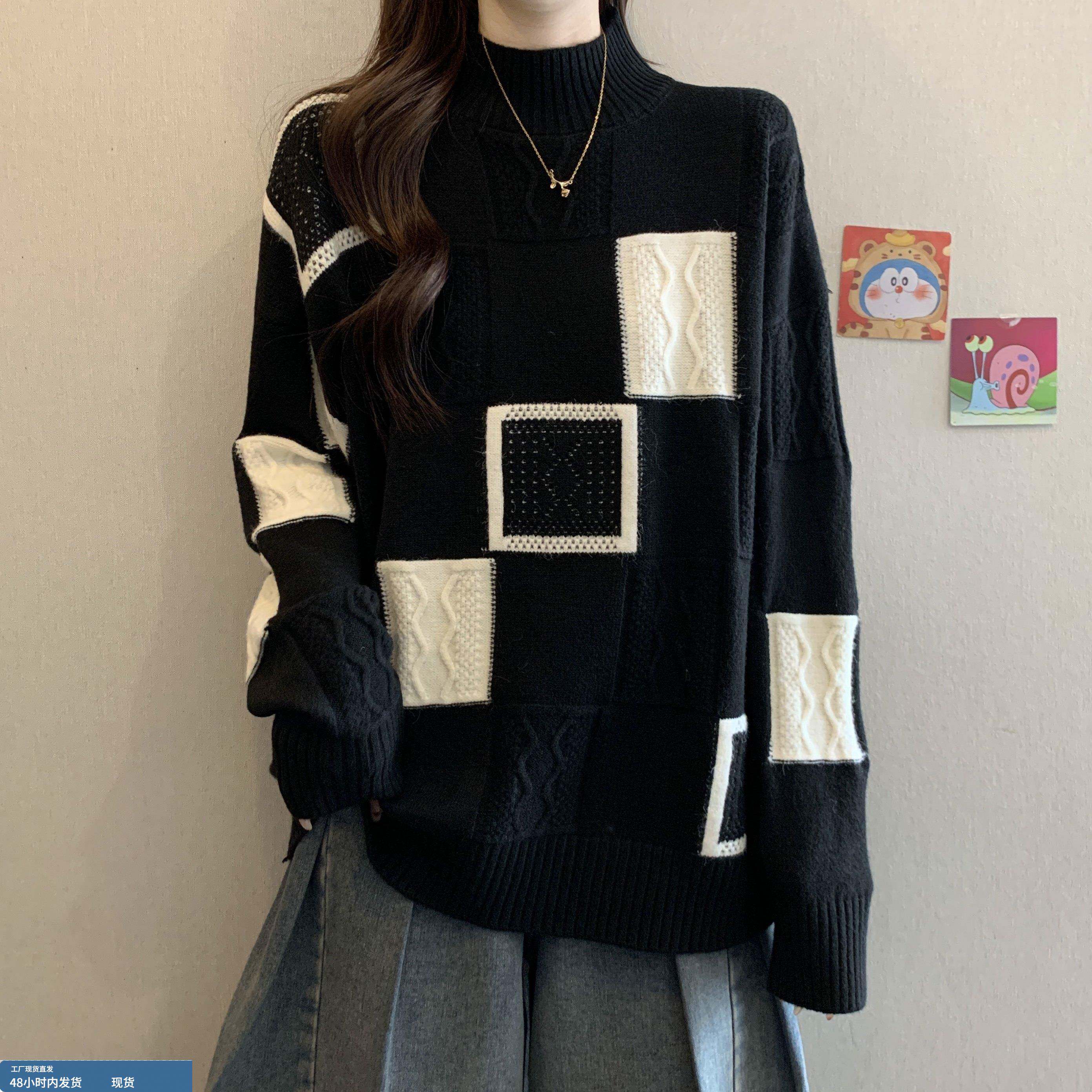 半高领格子撞色套头毛衣女秋冬大码胖妹妹韩版气质显瘦百搭针织衫