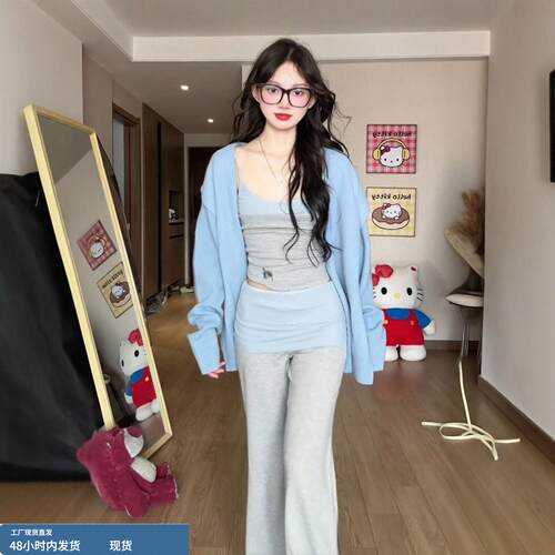 春季穿搭一整套大码胖mm开衫外套吊带休闲裤超火巨好看三件套装女