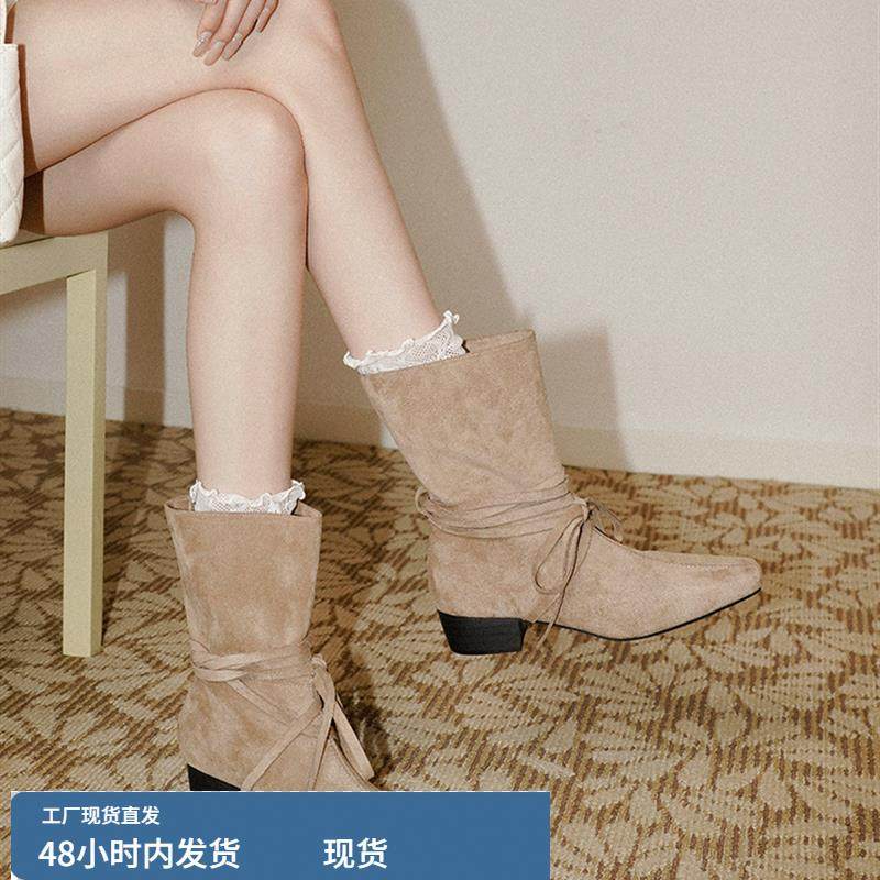 梨小七~时尚绑带废土风沙漠西部靴女显瘦粗跟方头秋冬氛围感短靴
