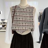 秋冬覆古费尔岛系列气质百搭拼接假两件背心坎肩长袖 衬衣女 针织衫