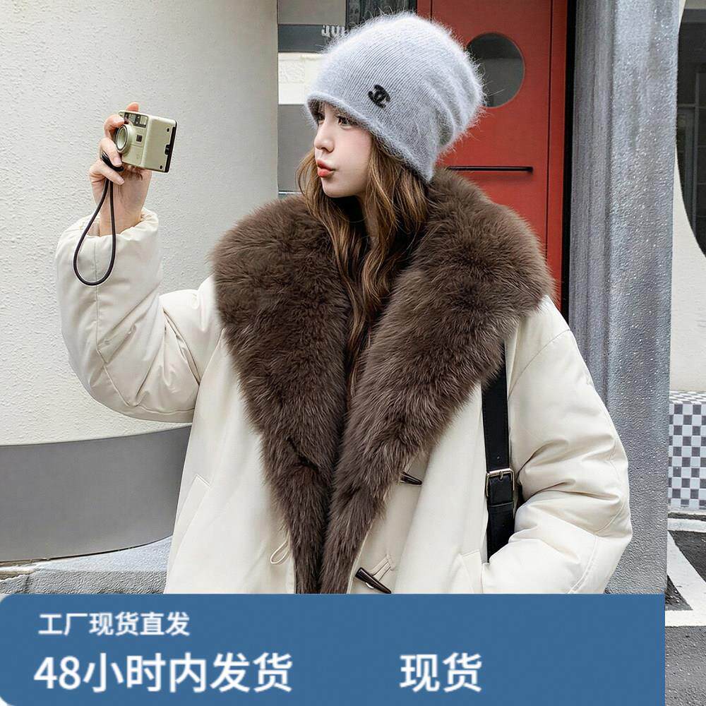 白色大毛领牛角扣派克鹅绒羽绒衣女冬超火好看加绒加厚短工装外套