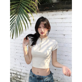 露肚脐修身 小个子短款 套头上衣 t恤夏季 纯欲风拉链半开领正肩短袖