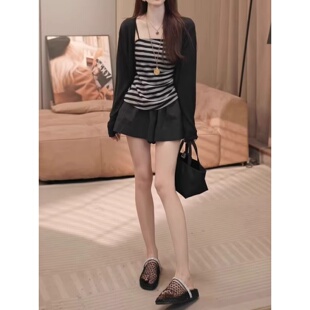 上衣春夏时尚 韩版 开衫 条纹露肩吊带背心长袖 两件套 辣妹风性感修身