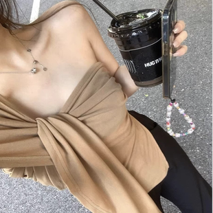 斜领露肩露背抹胸吊带上衣 短款 夏季 纯欲风甜辣性感不规则纯色修身