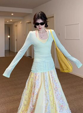 韩系拼色挂脖背心v领长袖防晒T恤两件套修身防晒罩衫套装女夏季潮