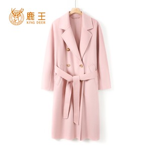商场撤柜！鹿王女翻领100小山羊绒水波纹双排扣系带女长大衣1338