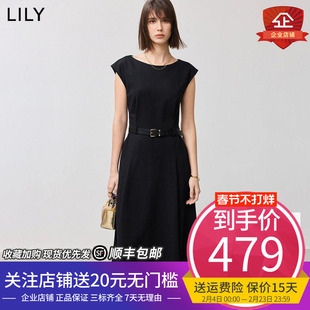 【LILY时光小黑裙】商场同款2025春新款女装赫本风收腰圆领连衣裙