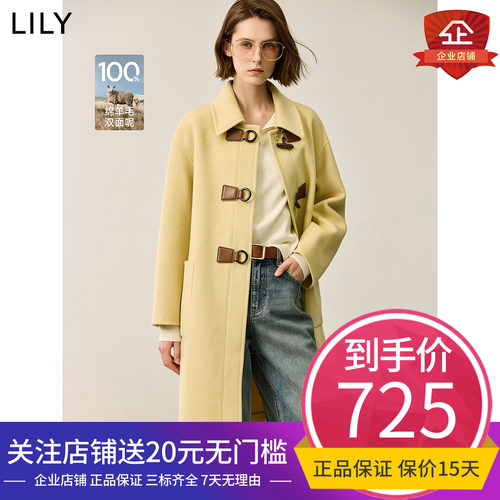 LILY2024冬新款女装学院风100%绵羊毛牛角扣宽松百搭双面呢大衣女