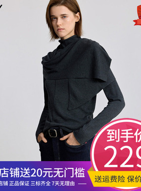 LILY2025冬新款女装格雷系半高领含围巾休闲灰色长袖针织衫打底衫