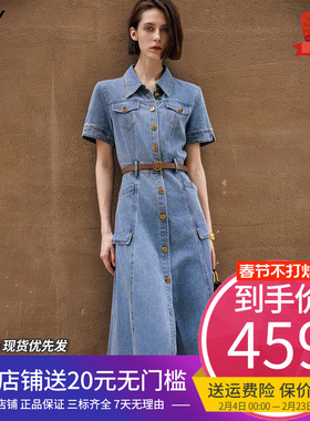 LILY2025秋新款女装复古丹宁蓝色牛仔衬衫裙腰带高腰通勤连衣裙