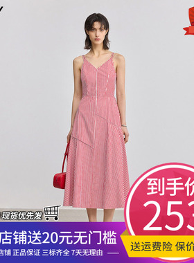 【商场同款】LILY2025夏新款全棉收腰V领百搭红色吊带裙连衣裙女